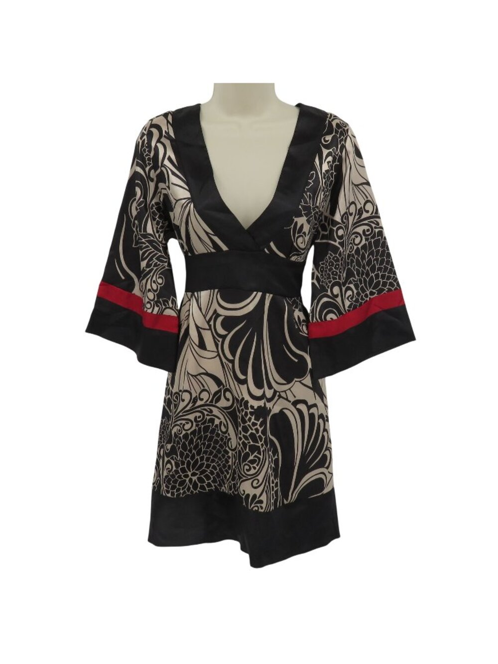 Y2K Wet Seal Juniors Large Black Cream Red Swirl Half Sleeve V Neck Dress 2000s